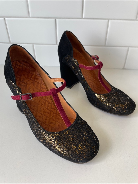 Chie Mihara Shoes - Chie Mihara Black Glitter Mary Jane Heels with Wine Pink Strap • Size 37
